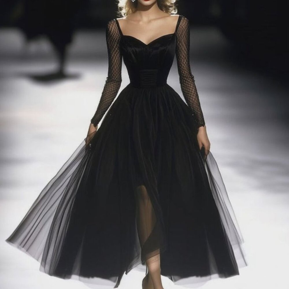 Retro Classic French Black Gauze Maxi Dress Regular price